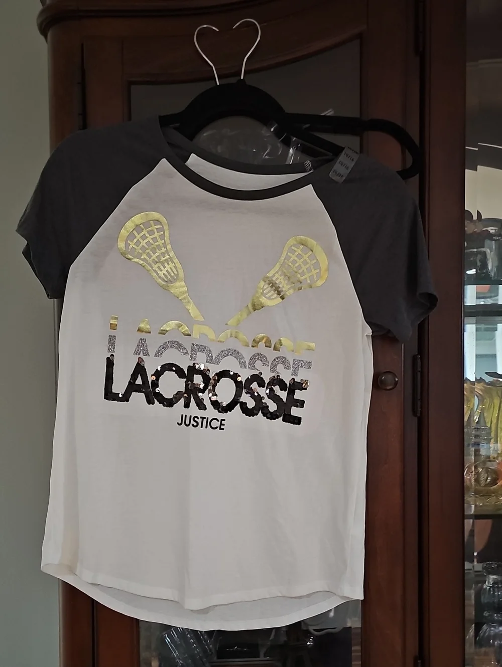 Justice Lacrosse Raglan Glitter Tee - White with Charcoal Sleeves Sz 14-16 Nwt